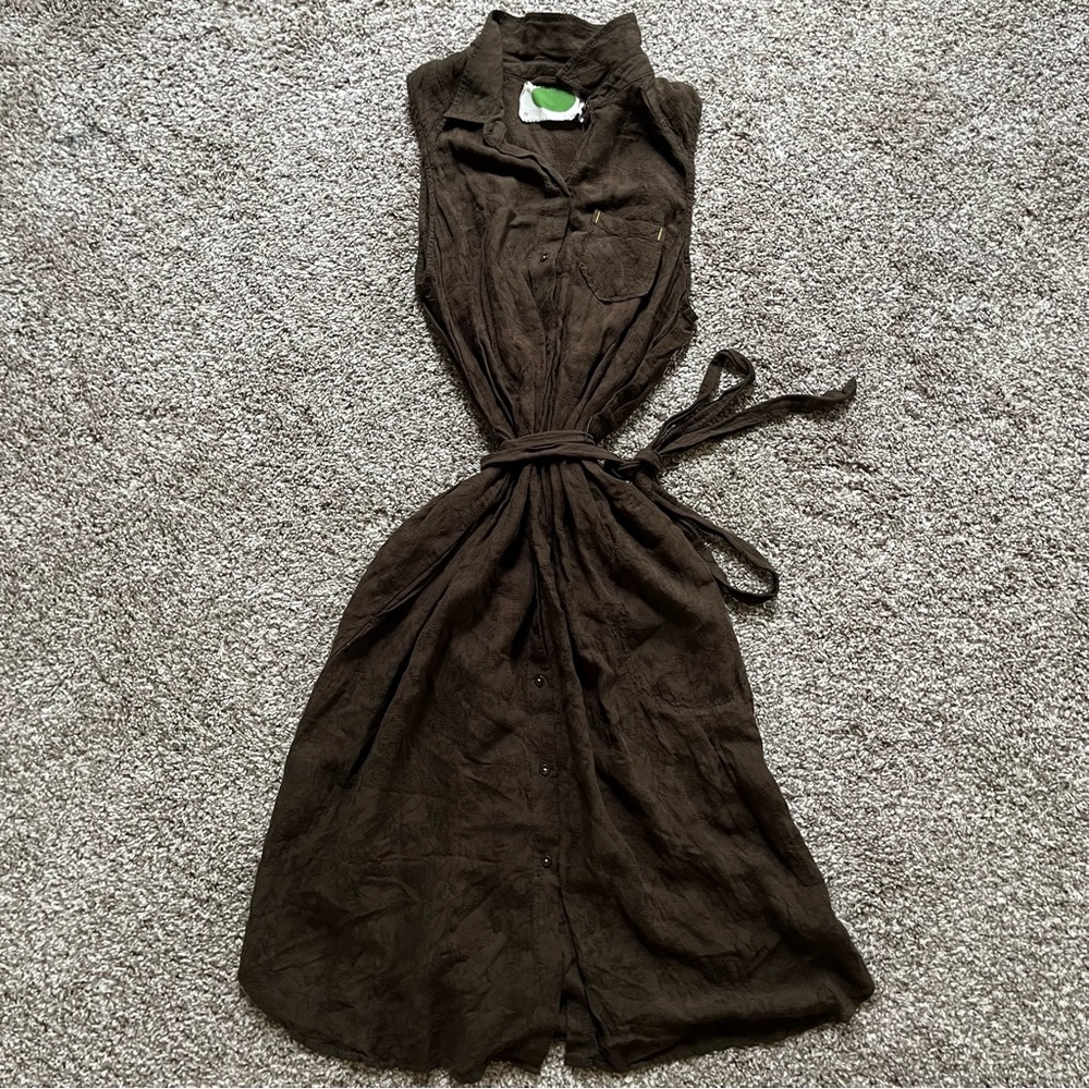 Anthropologie Sleeveless Button-Front Brown Shirt Dress with Waist Tie